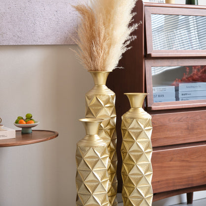 Metal Decorative Vase High Distress Metal Center Vase With 3D Triangle Pattern, (Set of 3) Vases For Home Decoration - Gold