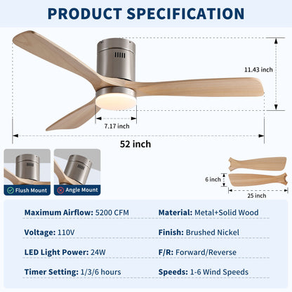 Low Profile Flush Mount Intergrated LED Ceiling Fan With Light And Silent Reversible Motor