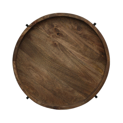 Modern Industrial Round End Table With Tray Top And Foldable Iron Legs - Natural