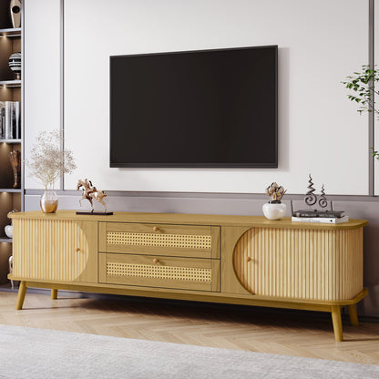 Rattan TV Stand For Tvs Up To 75'', Modern Farmhouse Media Console, Entertainment Center With Legs, TV Cabinet For Living Room, Home Theatre - Natural Wood