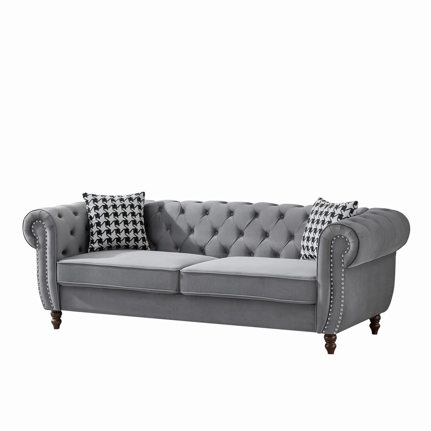 Chesterfield Upholstery Fabric Sofa With Roll Armrest & Nailhead