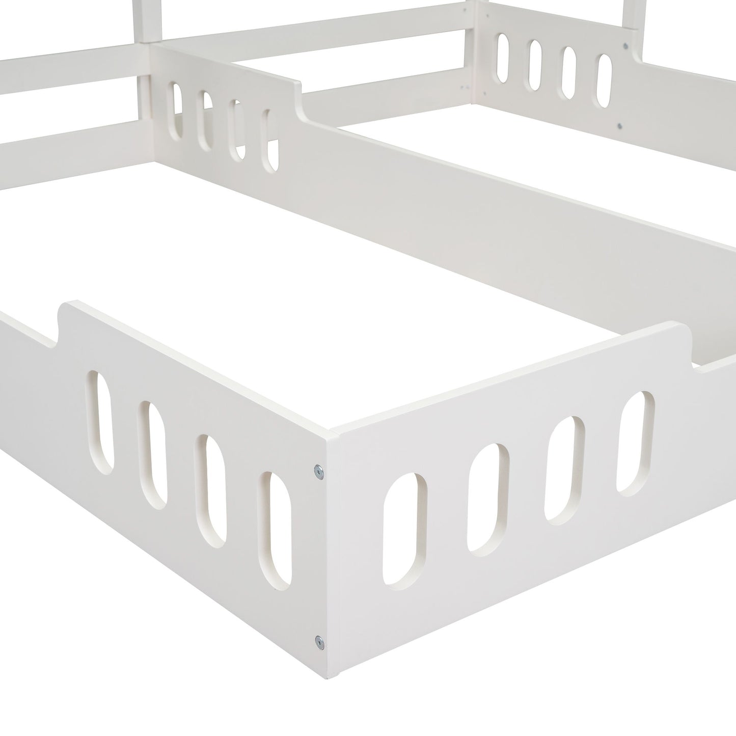 Twin Size Platform Bed With Shared Design, Guardrails, And Built In Shelves - Creamy White