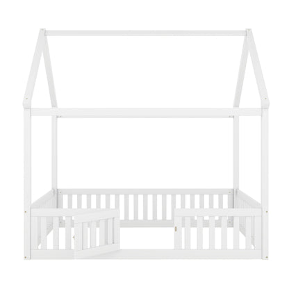 Wood House Bed With Fence And Door