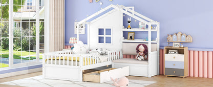 House Bed With Sofa, Kids Platform Bed With 2 Drawers And Storage Shelf