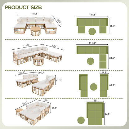 Outdoor Patio Furniture, All-Weather Rattan Sectional Sofa Set With Thick Cushions And Pillows, Freely Combined Conversation Sets For Garden, Backyard, Balcony