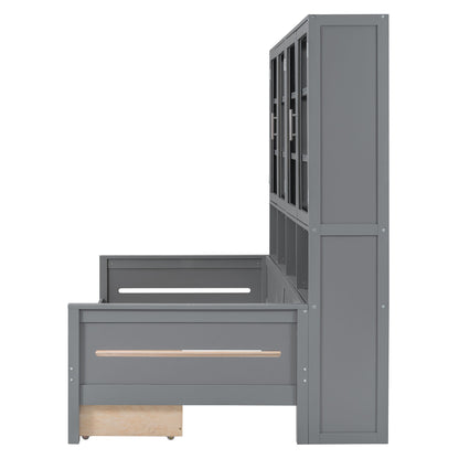 Daybed With Glass Door Storage Cabinets, Built In LED Lighting And Shelves