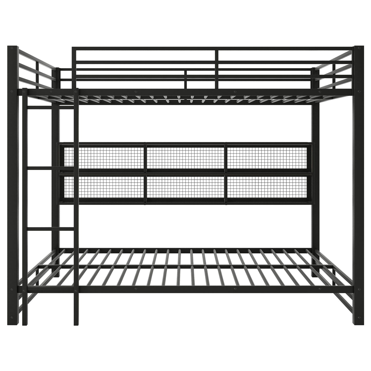 Queen Over Queen Bunk Bed With Storage Cabinets And LED Sturdy Frame, 6 Storage Units, Adjustable LED Lights - Black