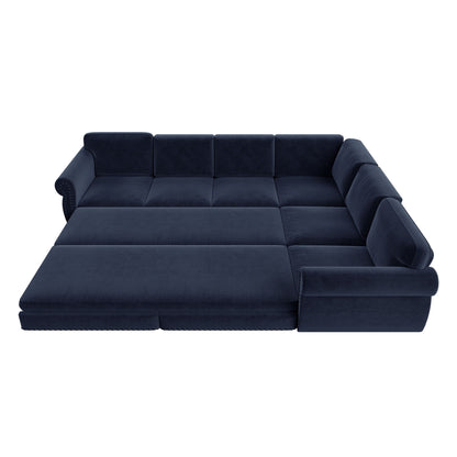L-Shaped Sofa Couch With Pull Out Bed With Nailhead Trim & Rolled Arm