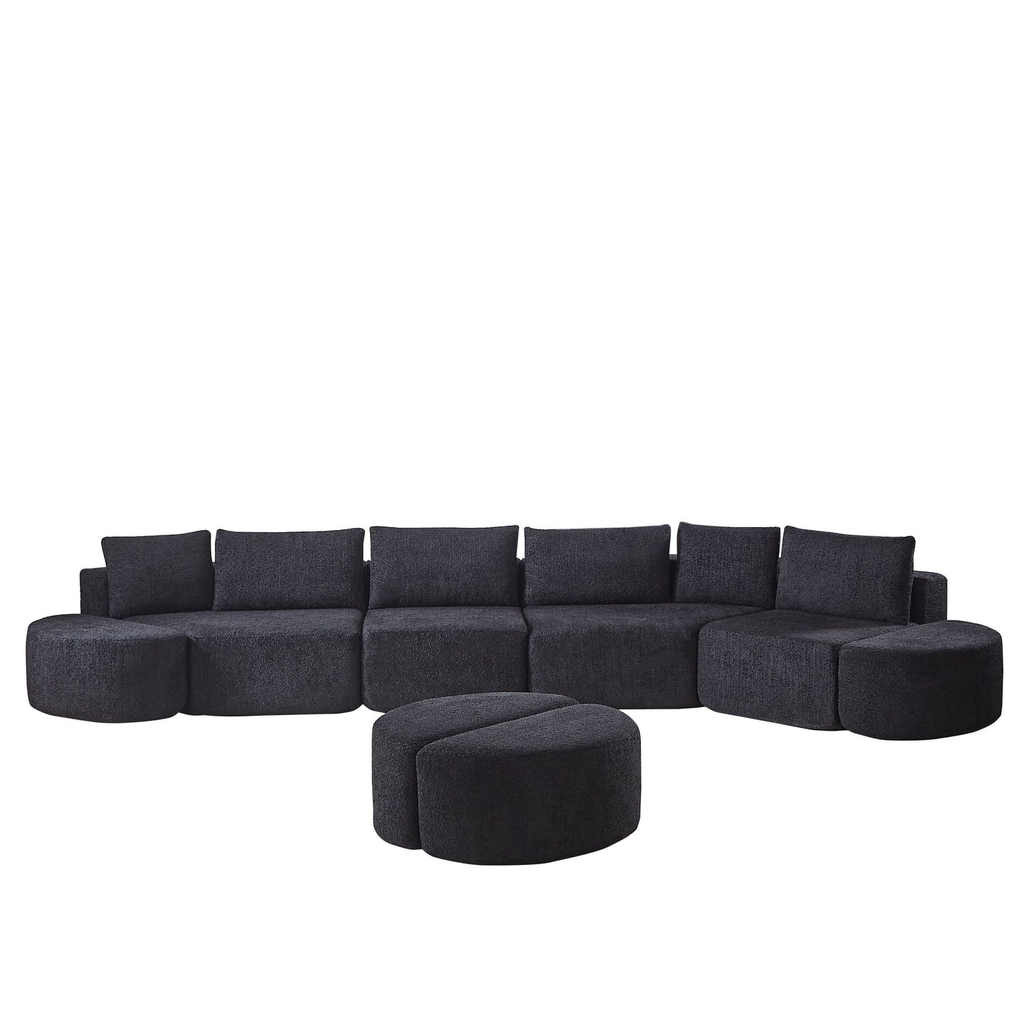 Modular Sectional Sofa With 6 Pillows And 4 Curved Footstools For Living Rooms - Black
