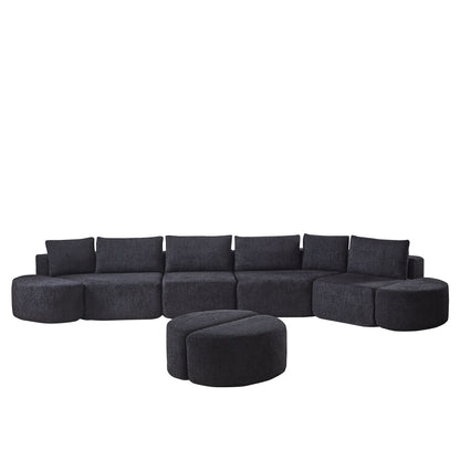 Modular Sectional Sofa With 6 Pillows And 4 Curved Footstools For Living Rooms - Black