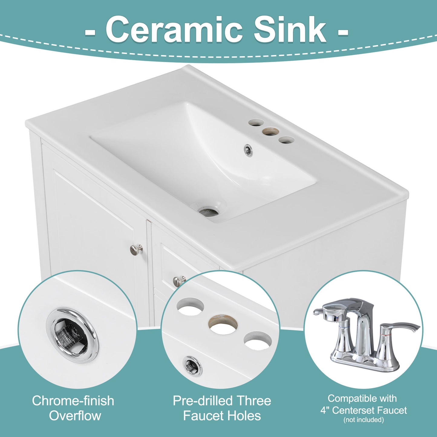 Freestanding Bathroom Vanity With Sink, Soft Close Door, 3 Drawers