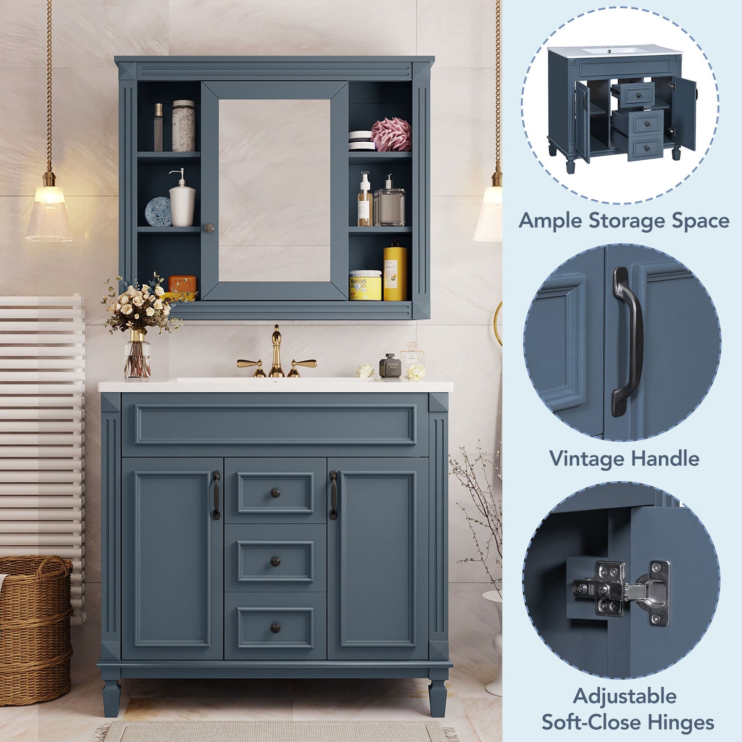 Bathroom Vanity With Top Sink, Mirror Cabinet, 2 Soft Closing Doors & 2 Drawers