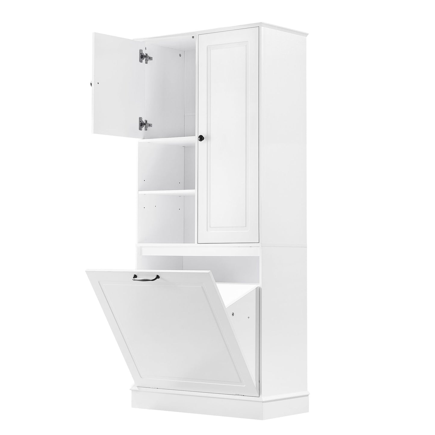 Modern Tall Storage Cabinet With Adjustable Shelves, Flip-Out Basket & Enclosed Doors