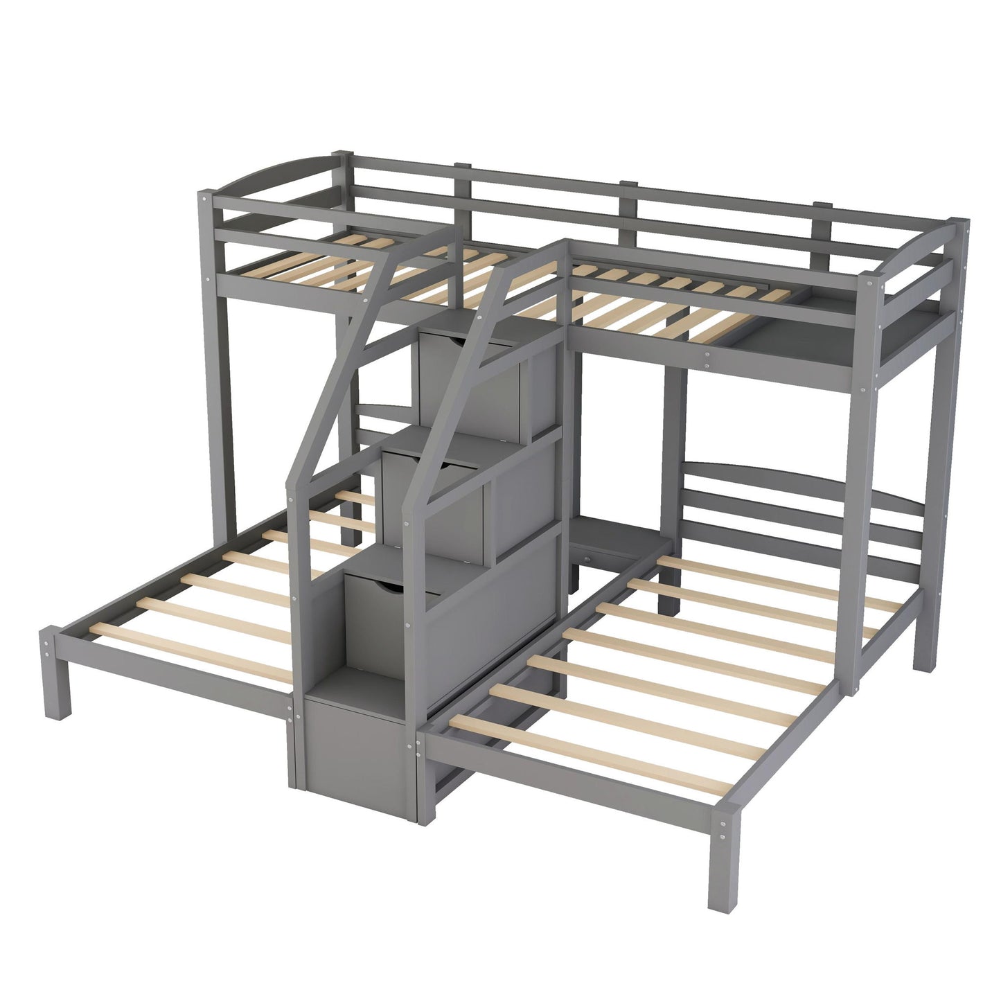 Twin Over Twin & Twin Bunk Bed With Built In Staircase And Storage Drawer - Gray