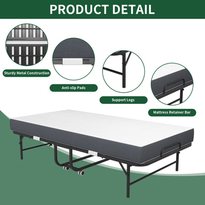 Twin Extra Long Folding Bed For Tall People, Heavy-Duty Rollaway Guest With Memory Foam Mattress - Black