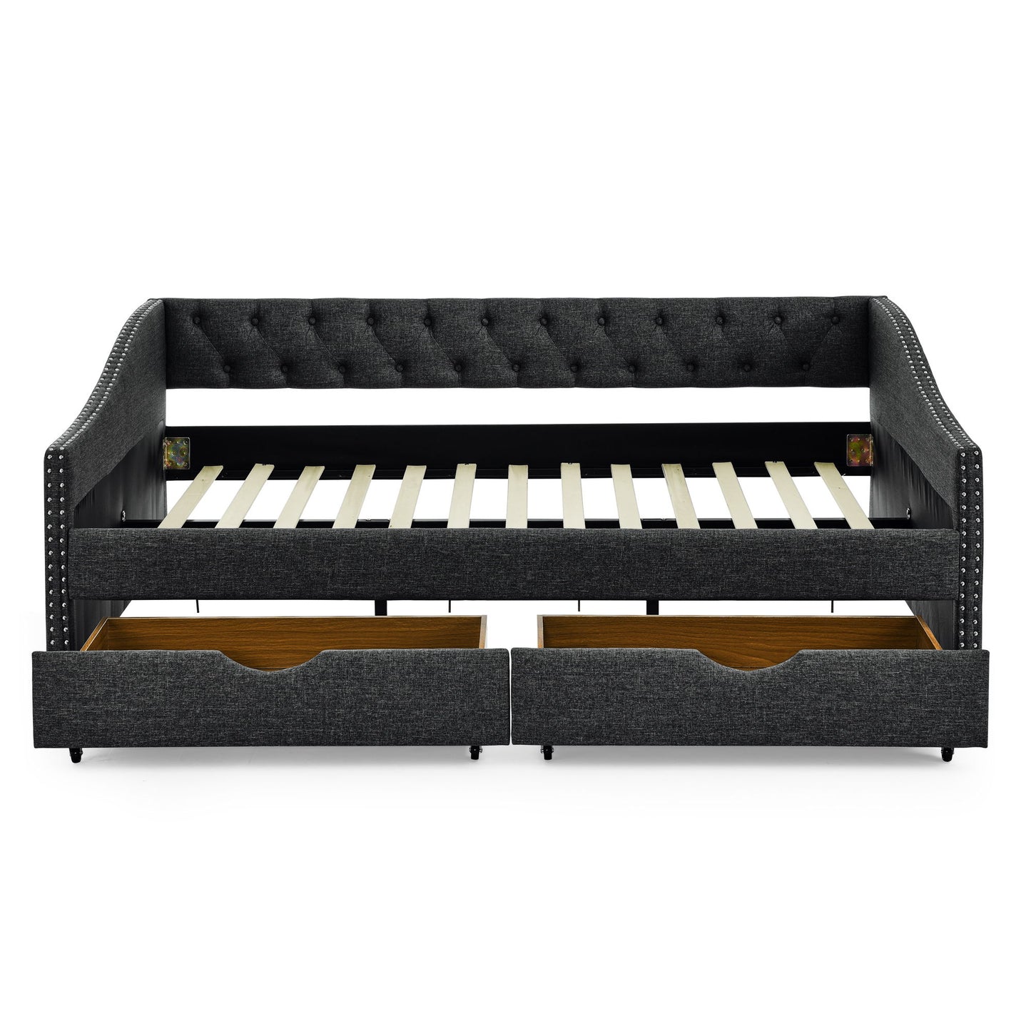 Upholstered Tufted Daybed With 2 Drawers, Waved Arms