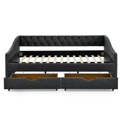 Upholstered Tufted Daybed With 2 Drawers, Waved Arms
