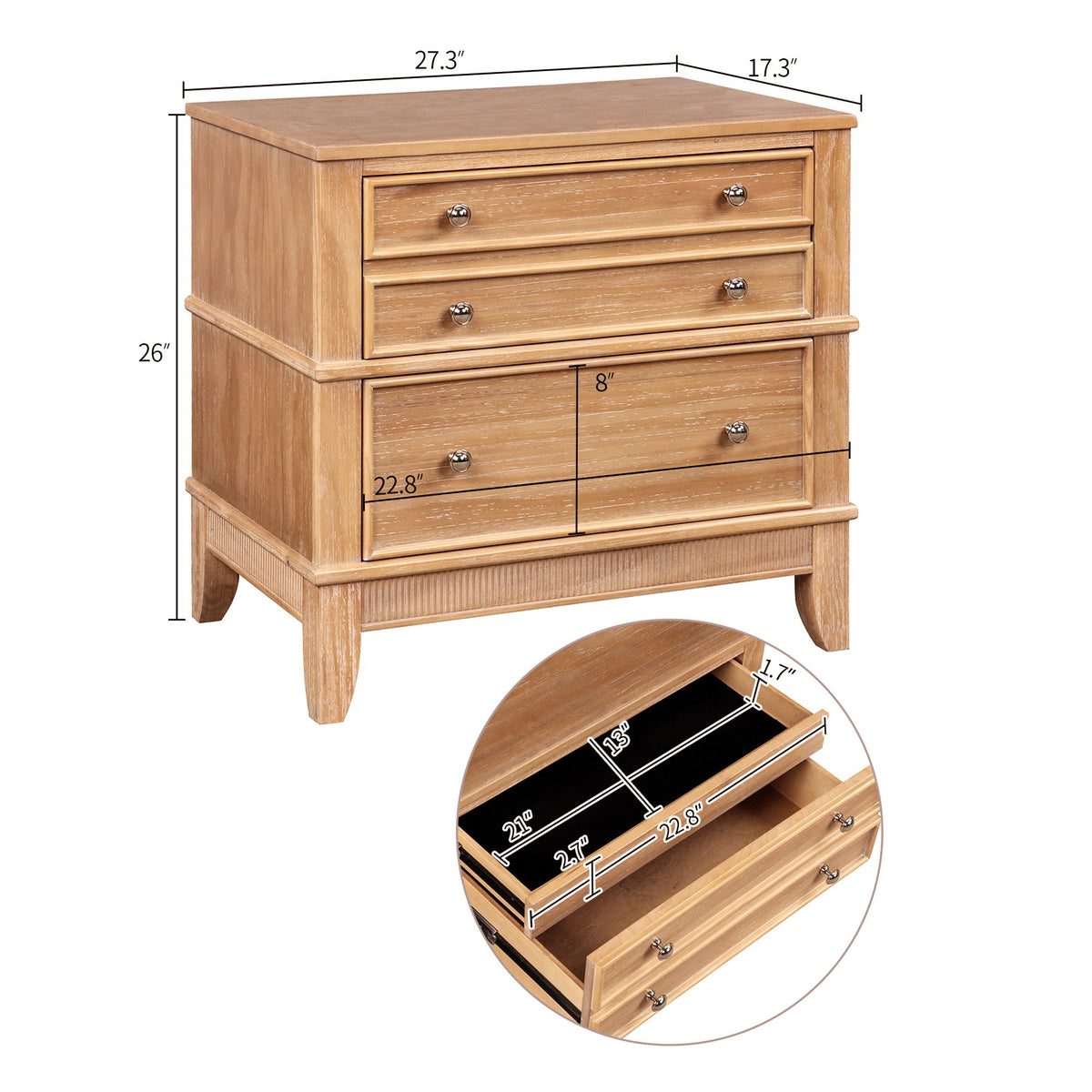 Hazel - 3 Drawer Side Table For Living Room, Hallway, Entryway Solid Wood With Silver Handles - Natural