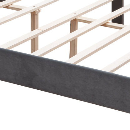 Queen Platform Tufted Upholstered Bed With Wings Design, Strong Wood Slat Support - Gray