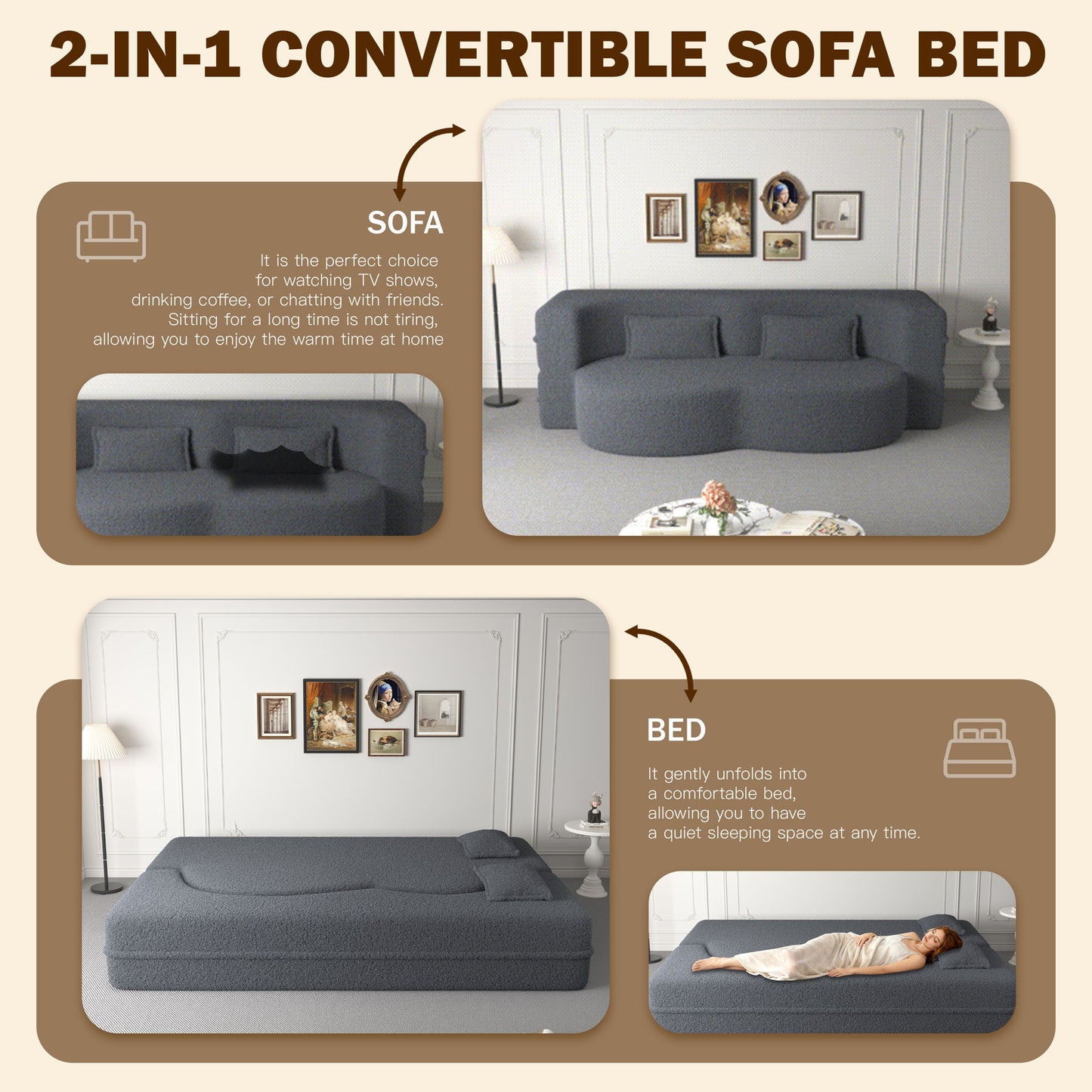 Modern Floor Sofa With 2 Pillows, Twin Size For Living Room