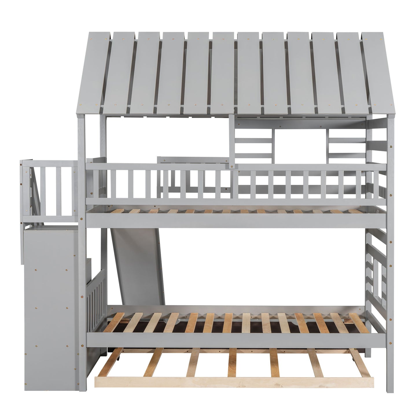 House Bunk Bed With Trundle, Storage Staircase, Roof And Window Design