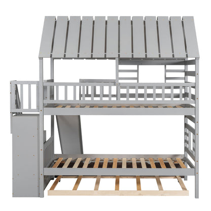 House Bunk Bed With Trundle, Storage Staircase, Roof And Window Design