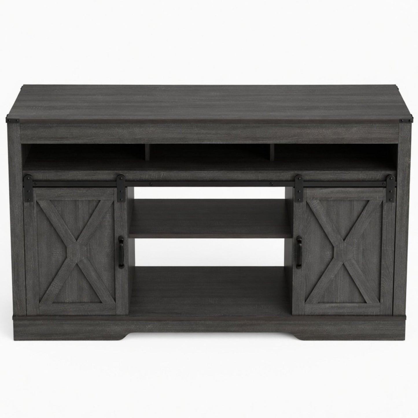 Farmhouse TV Stand With Sliding Barn Doors & Adjustable Storage