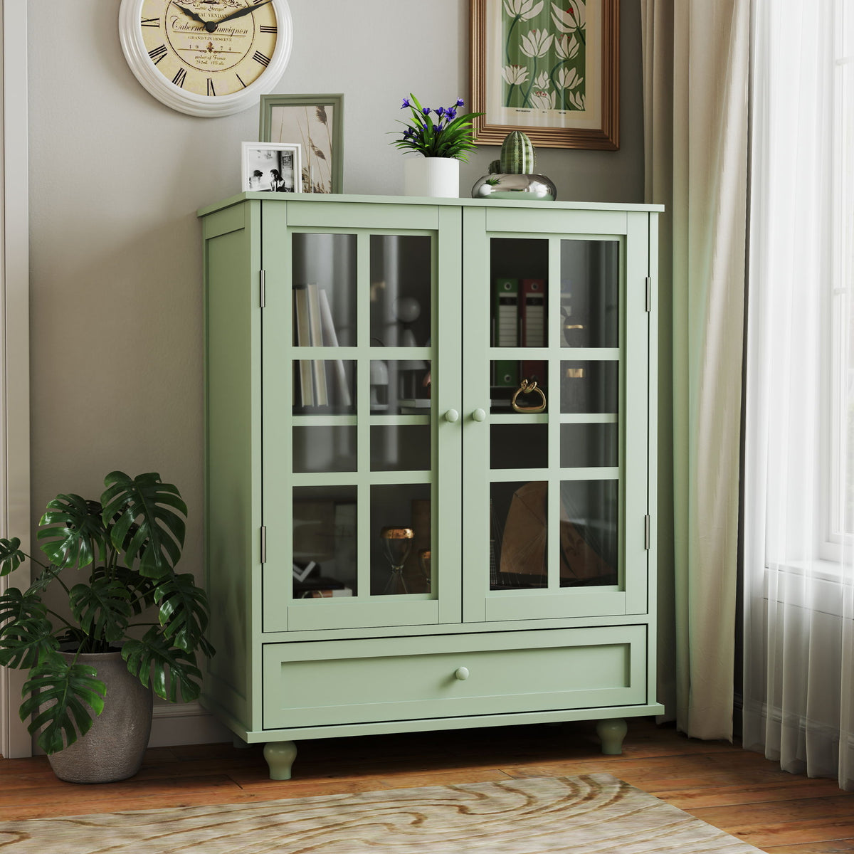 Minimalist Buffet Cabinet With Double Glass Doors And Drawer