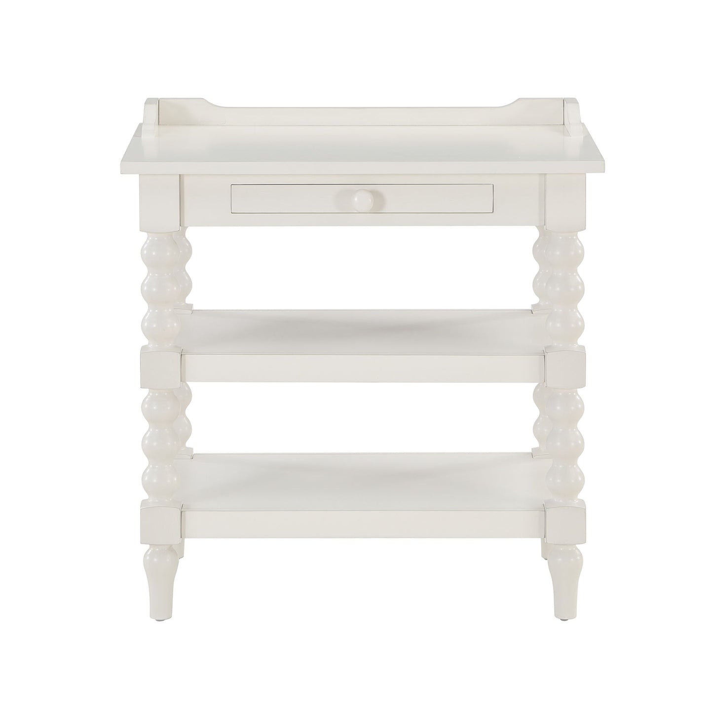 Aria - Nightstand With Styling, 2 Shelves, Pull Out Tray, Spool Turned Legs - Antique White