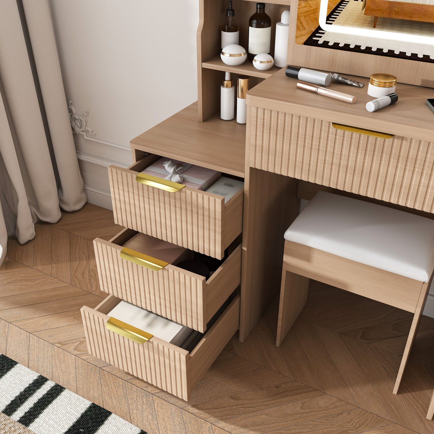 Modern Vanity Desk With 3 LED Lighting Modes, 4 Drawers