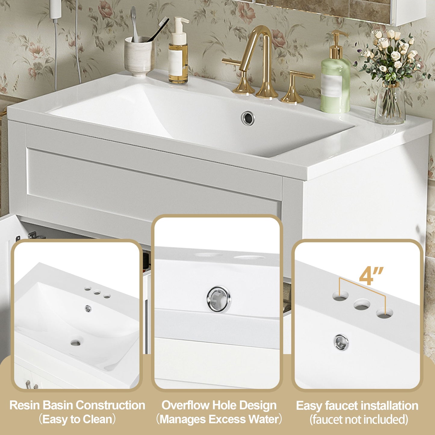 Bathroom Vanity With 2 Doors, 2 Drawers, Adjustable Shelf, Hidden Slides & Soft Close Hinges