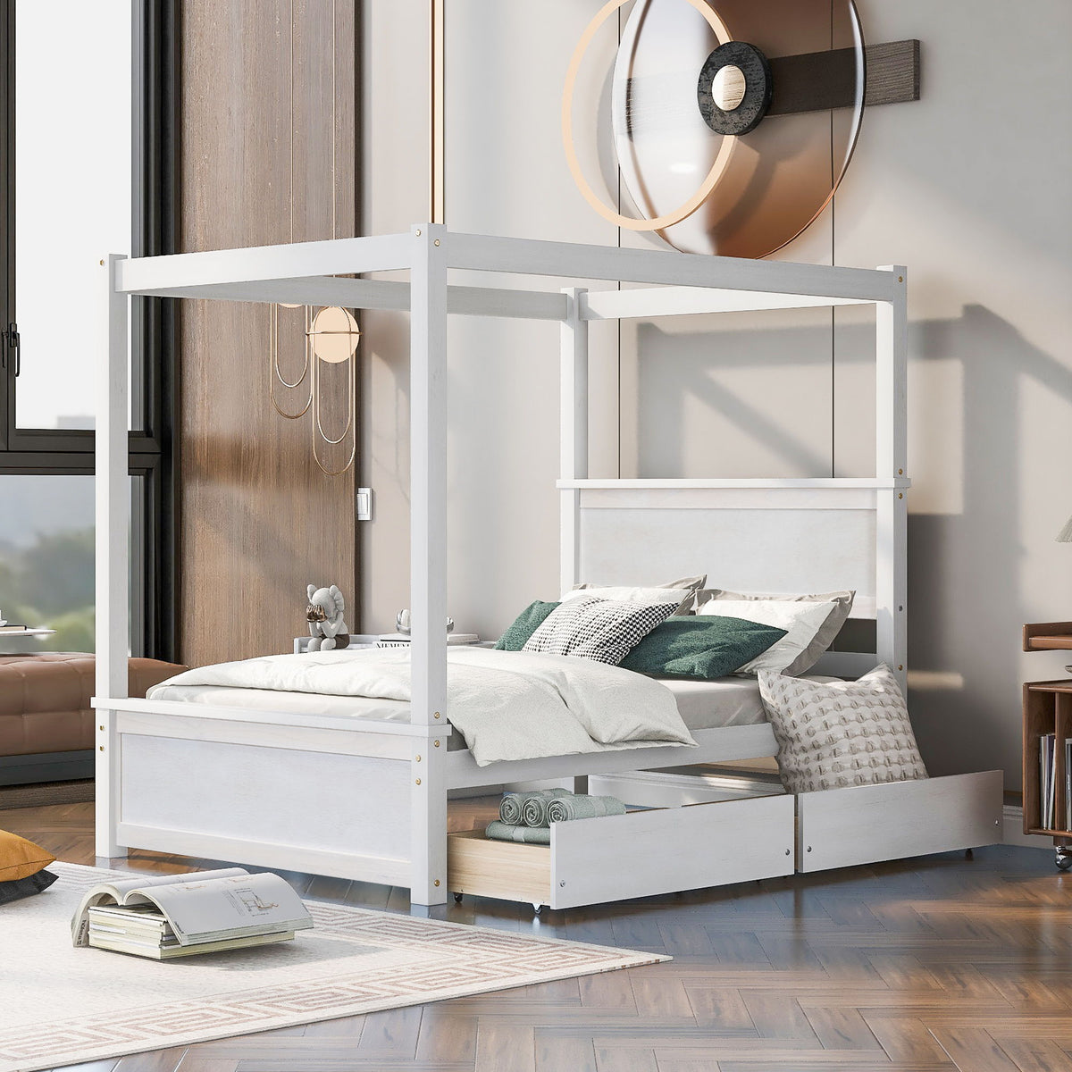 Canopy Platform Bed With Drawers, Support Slats, No Box Spring Needed