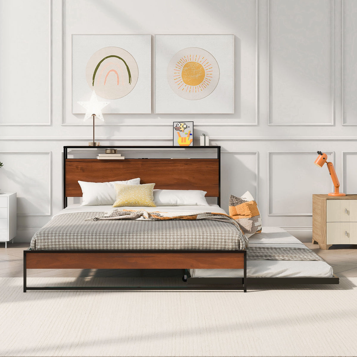 Platform Bed Frame With Trundle, USB Ports And Slat Support, No Box Spring Needed