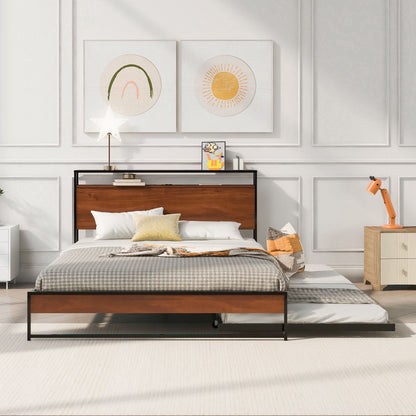 Platform Bed Frame With Trundle, USB Ports And Slat Support, No Box Spring Needed