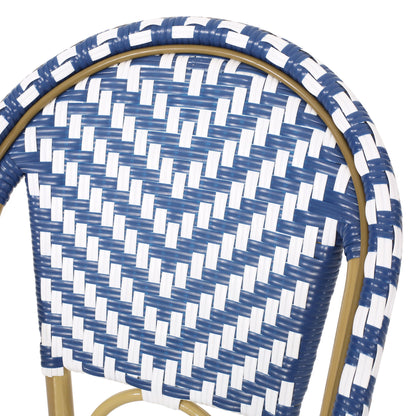 Outdoor Rattan French Barstool Set,, Bamboo, Seat Height - Navy Blue / White
