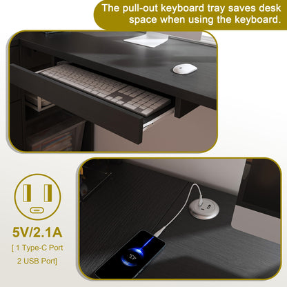 L-Shaped Computer Desk With Glass Cabinets, Built In LED Lights, USB Charging Ports