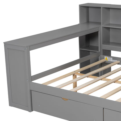Platform Bed With Upholstered Headboard, Storage Shelves, Drawers, Charging Station, LED Lighting, Built In Desk