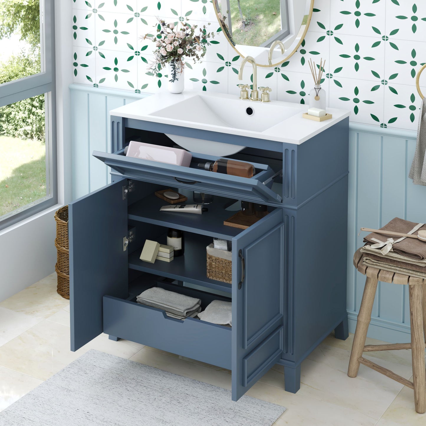 Bathroom Vanity With Sink Storage Cabinet - Blue