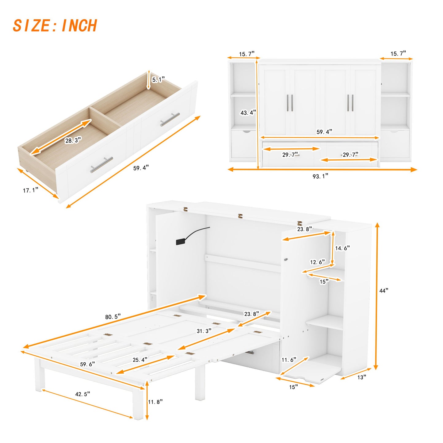 Murphy Bed With Shelves, Drawers And USB Ports