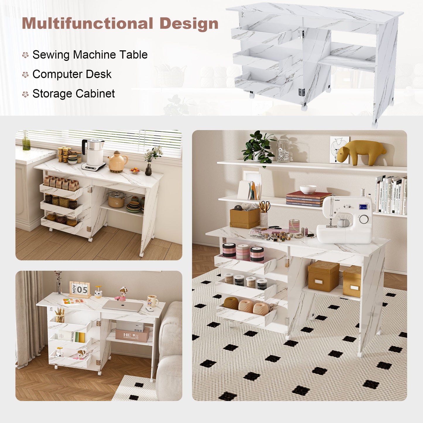 4 In 1 Folding Sewing Table With Lockable Wheels, Multi Functional Craft Station - White