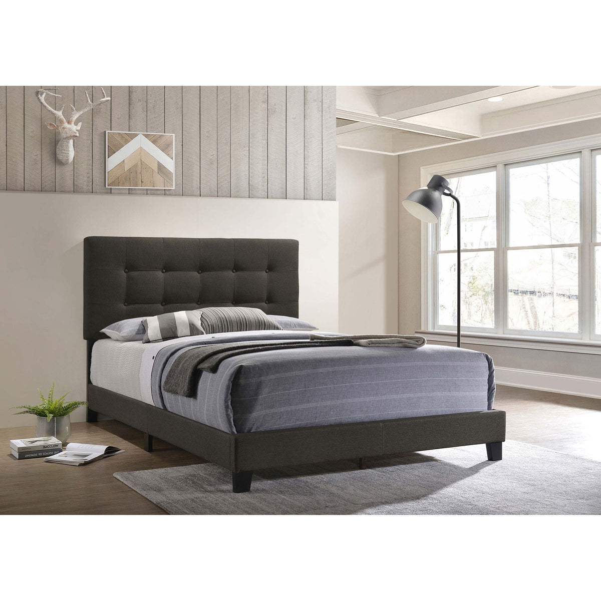 Tufted Full Panel Bed With Button Tufted Headboard, Platform Design - Charcoal