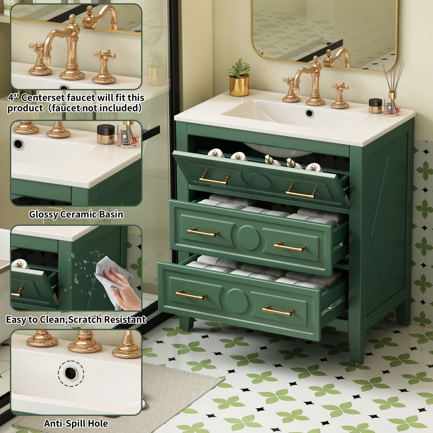 Retro Bathroom Vanity With Sink Combo, Free Standing Single Set With 3 Drawers
