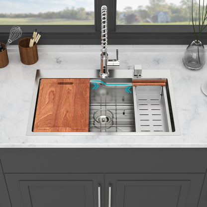 33" Drop In Kitchen Sink With Ledge Workstation, Single Bowl, 16 Gauge Stainless Steel - Black / Gray