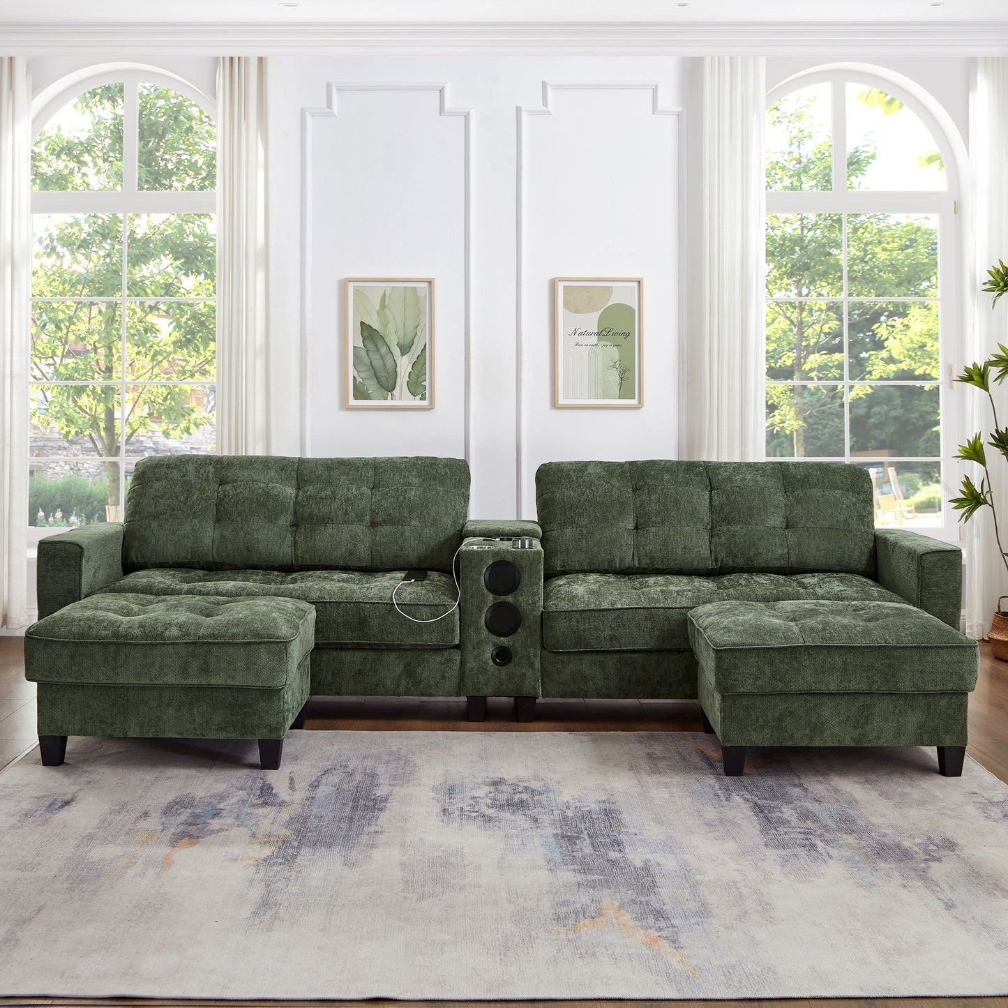 Modern Sectional Sofa U-Shaped With Movable Ottomans, tooth Speakers, LED Lights And Modular Storage