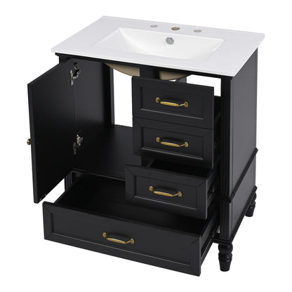 30" Bathroom Vanity With Sink, 3 Drawers, Adjustable Feet