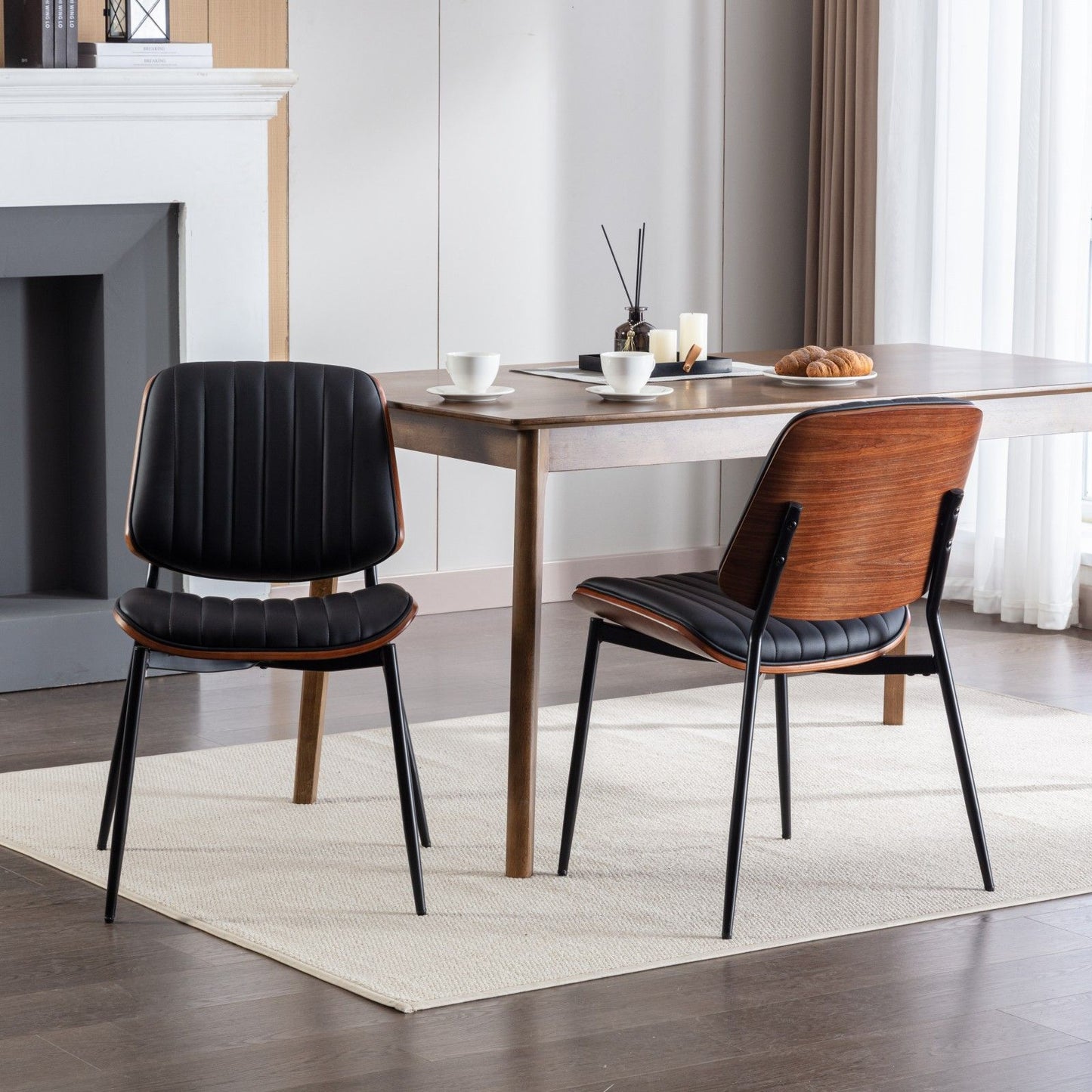 Dining Chairs (Set of 2) Mid-Century Modern Retro Chair With Walnut Bentwood Back Upholstered Seat Metal Legs Adjustable Foot For Kitchen Dining Room Chairs