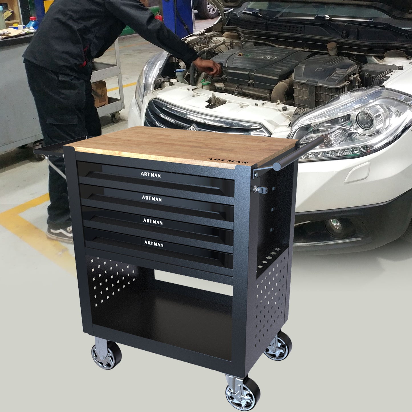 4 Drawers Multifunctional Tool Cart With Wheels And Wooden Top