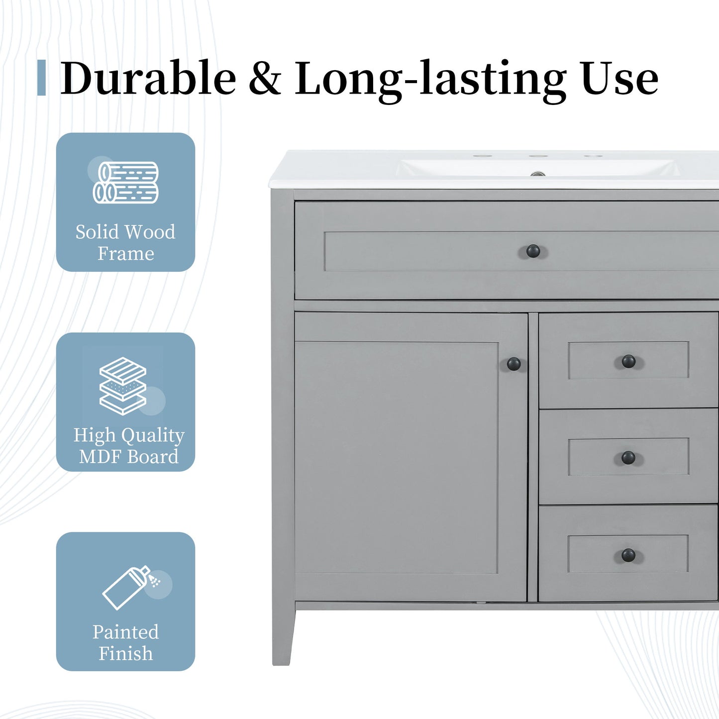 Bathroom Vanity With Sink, Cabinet With 3 Drawers And Adjustable Shelf