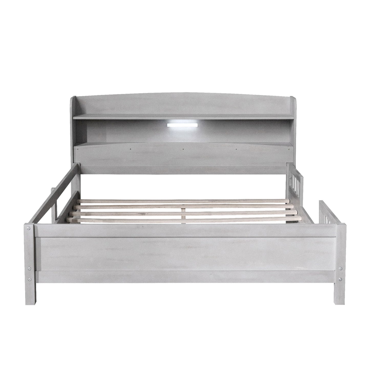Wood Platform Bed With Built In LED Light, Storage Headboard And Guardrail