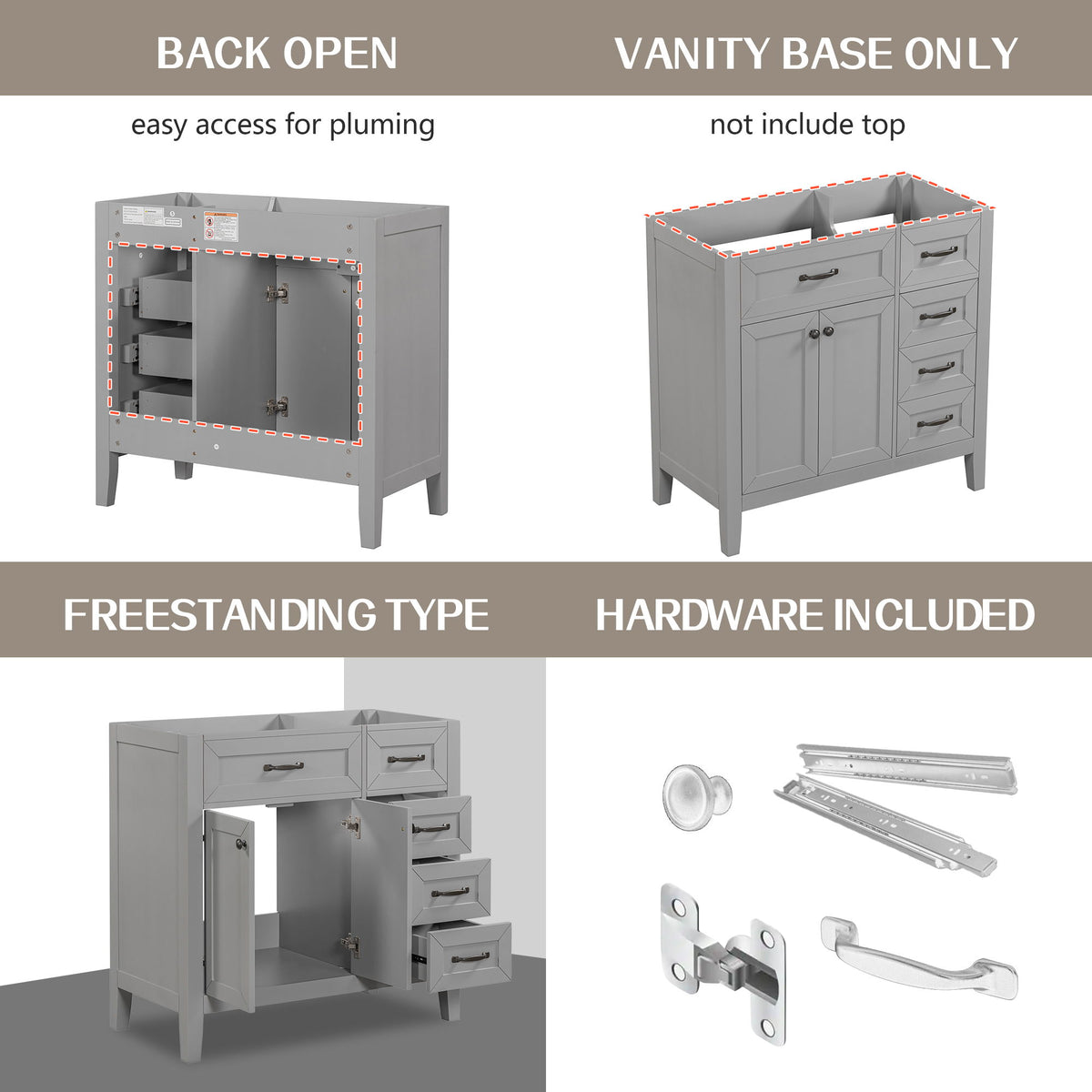 Modern Bathroom Vanity Base Only, 2 Doors And 3 Drawers